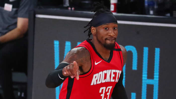 Houston Rockets forward Robert Covington (33) reacts against the Oklahoma City Thunder during the third quarter in game six of the first round of the 2020 NBA Playoffs at ESPN Wide World of Sports Complex