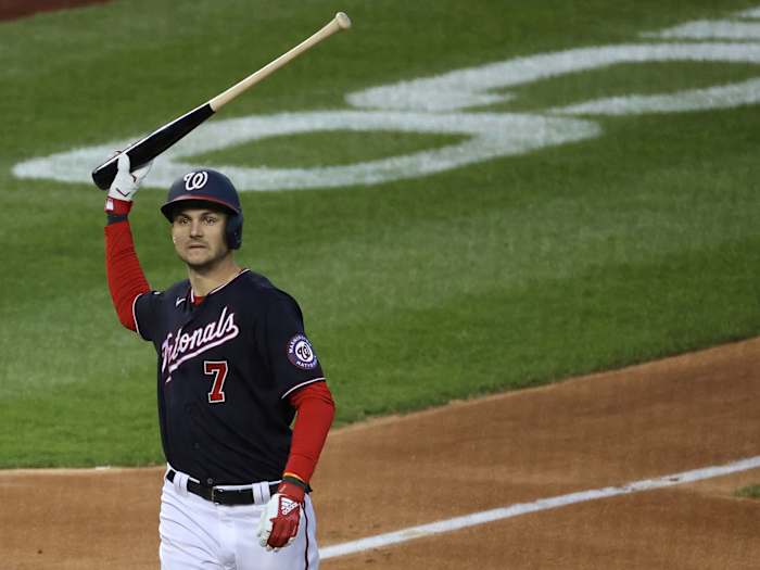 Trea Turner holds bat