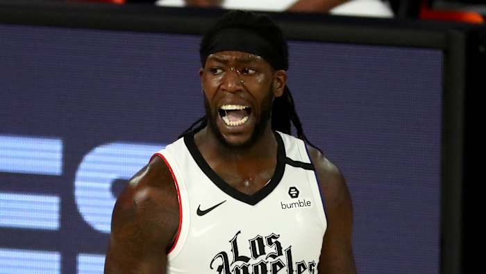 LA Clippers forward Montrezl Harrell (5) reacts after receiving a foul during the second half of game five against the Denver Nuggets in the second round of the 2020 NBA Playoffs