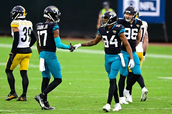 Chark (17, left) and Cole (84, right) have developed into the Jaguars 1-2 receiving punch. Mandatory Credit: Douglas DeFelice-USA TODAY Sports