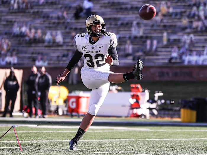 Sarah Fuller warms up before the game against Missouri at Faurot Field.