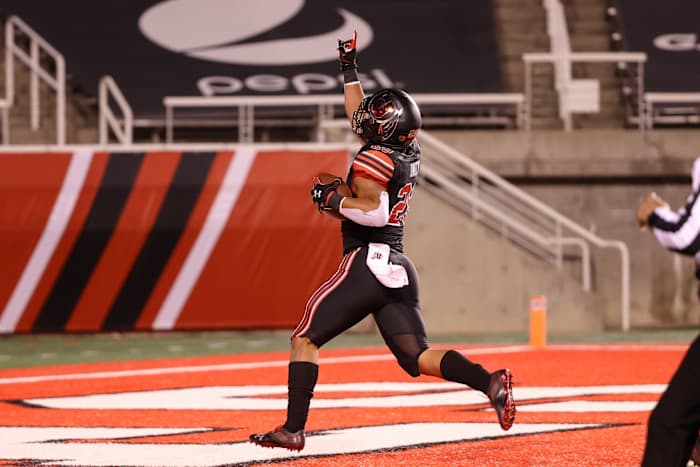 Nov 21, 2020; Salt Lake City, Utah, USA; Utah Utes linebacker Nephi Sewell (29) points to the sky as he runs into the end zone against the USC Trojans during the second quarter at Rice-Eccles Stadium.