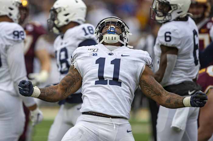 Penn State Nittany Lions linebacker Micah Parsons (11) celebrates after sacking the Minnesota Golden Gophers quarterback Tanner Morgan (not pictured) in the second half at TCF Bank Stadium.