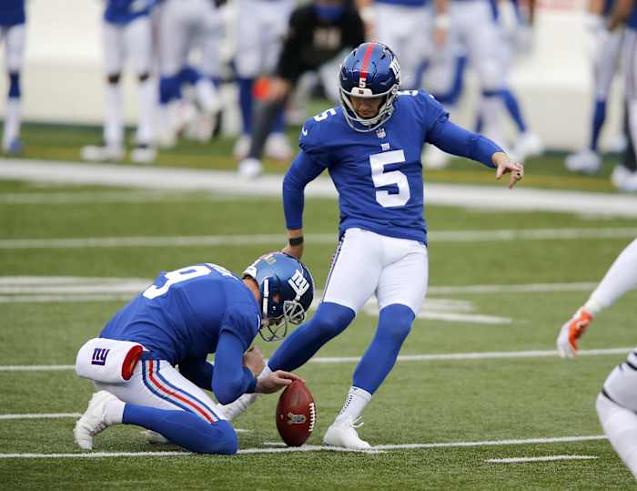 Nov 29, 2020; Cincinnati, Ohio, USA; New York Giants kicker Graham Gano (5) hits one of his four field goals during the game against the Cincinnati Bengals at Paul Brown Stadium.