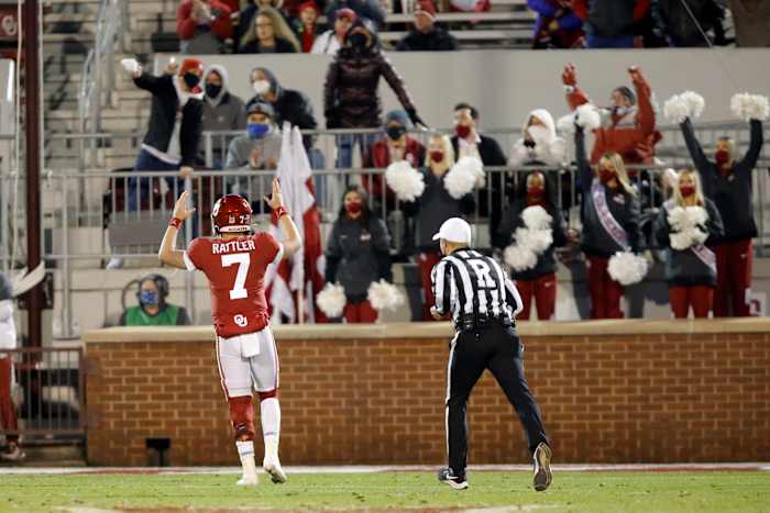 Spencer Rattler celebrates a Rhamondre Stevenson touchdown run.