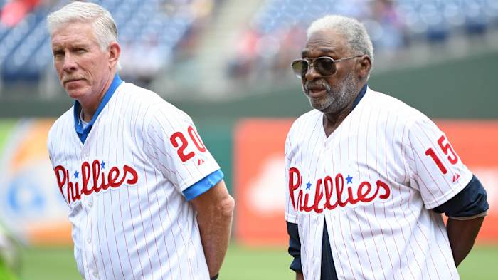 Philadelphia Phillies alumni Mike Schmidt (20) and Dick Allen (15) during pre game ceremony against the New York Mets at Citizens Bank Park.