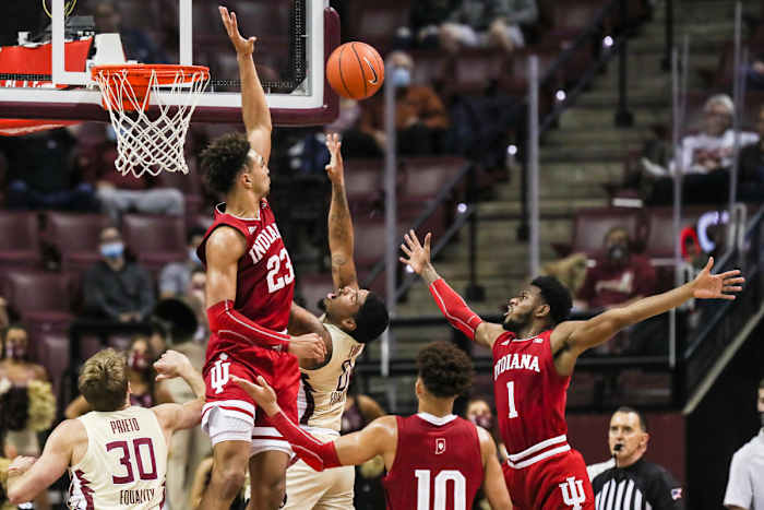 Indiana's Trayce Jackson-Davis blocks a shot late in the game vs. Florida State (Photo courtesy of IU Athletics)