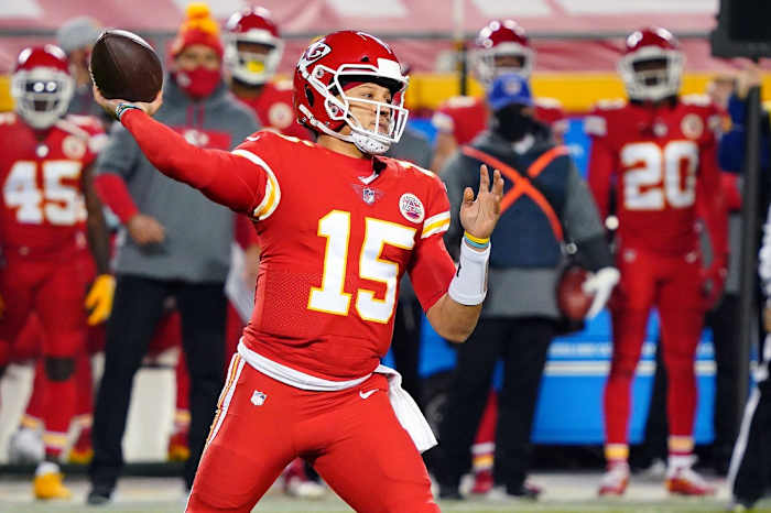 Dec 6, 2020; Kansas City, Missouri, USA; Kansas City Chiefs quarterback Patrick Mahomes (15) throws a pass during the first half against the Denver Broncos at Arrowhead Stadium. Mandatory Credit: Jay Biggerstaff-USA TODAY Sports