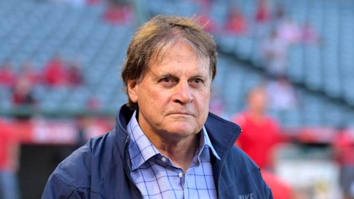 Boston Red Sox vice president and special assistant to the president of baseball operations Tony La Russa reacts before a game against the Los Angeles Angels at Angel Stadium of Anaheim.