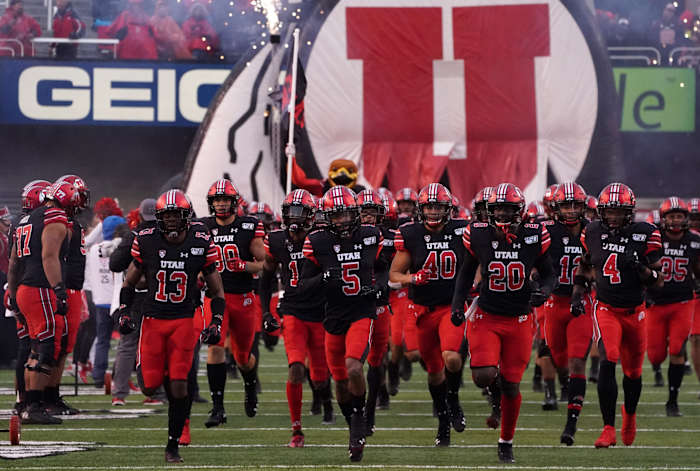Oct 19, 2019; Salt Lake City, UT, USA; Utah Utes players run onto the field before the game against the Arizona State Sun Devils at Rice-Eccles Stadium.
