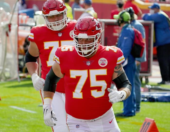 Nov 8, 2020; Kansas City, Missouri, USA; Kansas City Chiefs offensive tackle Mike Remmers (75) enters the field during warm ups before the game against the Carolina Panthers at Arrowhead Stadium. Mandatory Credit: Denny Medley-USA TODAY Sports