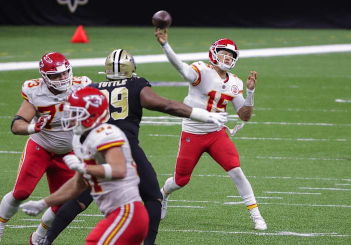 Dec 20, 2020; New Orleans, Louisiana, USA; Kansas City Chiefs quarterback Patrick Mahomes (15) throws against the New Orleans Saints during the second half at the Mercedes-Benz Superdome. Mandatory Credit: Derick E. Hingle-USA TODAY Sports