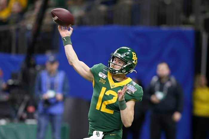 Jan 1, 2020; New Orleans, Louisiana, USA; Baylor Bears quarterback Charlie Brewer (12) makes a throw in the second half against the Georgia Bulldogs in the Sugar Bowl at the Mercedes-Benz Superdome.