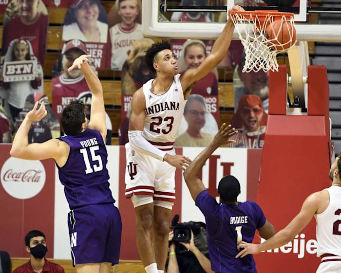 Indiana sophomore forward Trayce Jackson-Davis leads the Hoosiers in points and rebounds, and is looking to bounce back after a poor performance last Saturday in the loss to Illinois. (USA TODAY Sports)