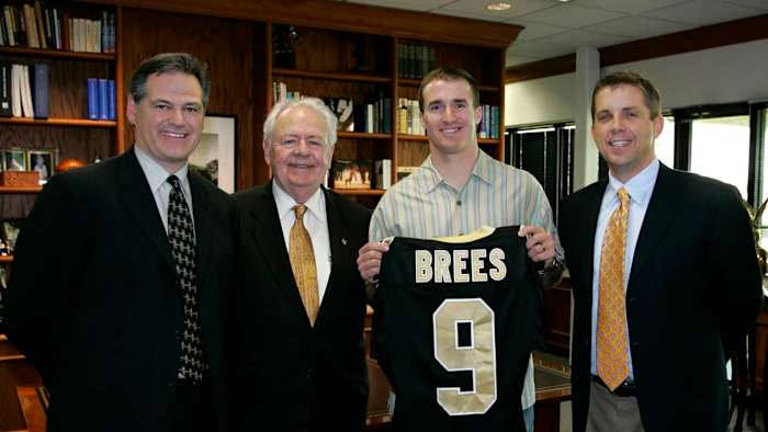 Mickey Loomis, Tom Benson, Drew Brees, and Sean Payton