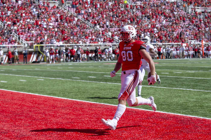 Sep 14, 2019; Salt Lake City, UT, USA; Utah Utes tight end Brant Kuithe (80) scores a touch down during the second quarter against the Idaho State Bengals at Rice-Eccles Stadium.