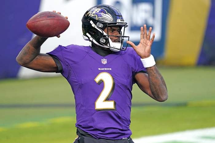 Dec 20, 2020; Baltimore, Maryland, USA; Baltimore Ravens quarterback Tyler Huntley (2) warms up prior to a game against the Jacksonville Jaguars at M&T Bank Stadium.