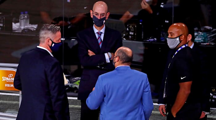 NBA commissioner Adam Silver talks before game five of the 2020 NBA Finals between the Los Angeles Lakers and the Miami Heat at AdventHealth Arena.