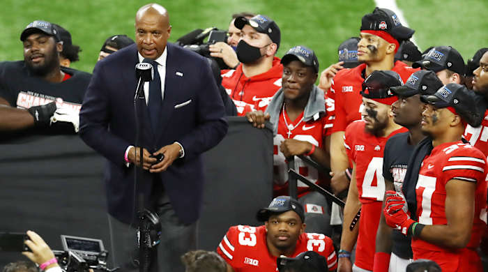Big Ten commissioner Kevin Warren introduces the Ohio State Buckeyes after their victory over the Northwestern Wildcats at conference championship.