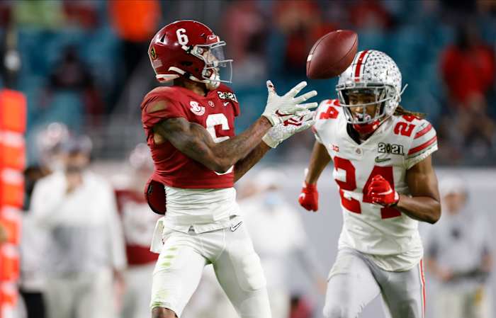 January 11, 2021, Alabama wide receiver Devonta Smith in CFP National Championship in Miami, FL.
