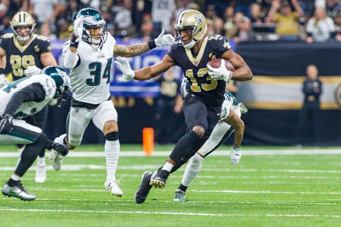 Jan 13, 2019; New Orleans, LA, USA; New Orleans Saints wide receiver Michael Thomas (13) and Philadelphia Eagles free safety Avonte Maddox (29) during the second quarter of a NFC Divisional playoff football game at Mercedes-Benz Superdome. Mandatory Credit: Derick E. Hingle-USA TODAY