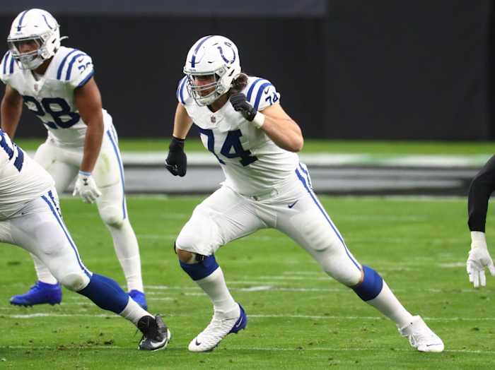 Indianapolis Colts offensive left tackle Anthony Castonzo prepares to block in a road win at Las Vegas in 2020.