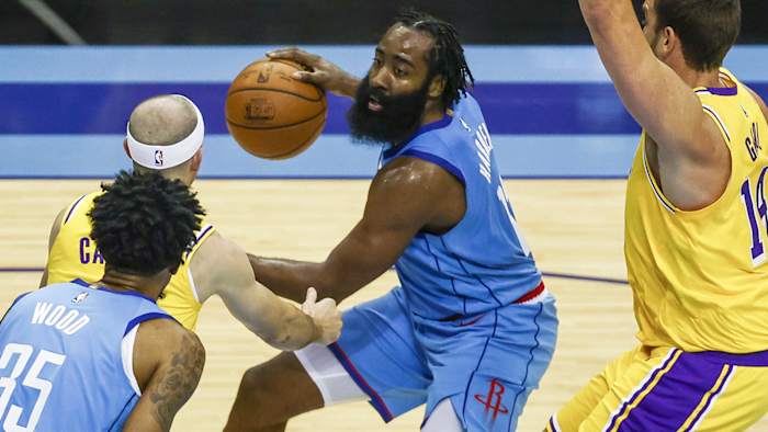 Houston Rockets guard James Harden dribbles the ball against the Los Angeles Lakers