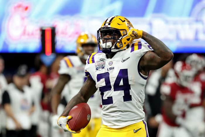 Dec 28, 2019; Atlanta, Georgia, USA; LSU Tigers running back Chris Curry (24) reacts after a run during the 2019 Peach Bowl college football playoff semifinal game against the Oklahoma Sooners at Mercedes-Benz Stadium.