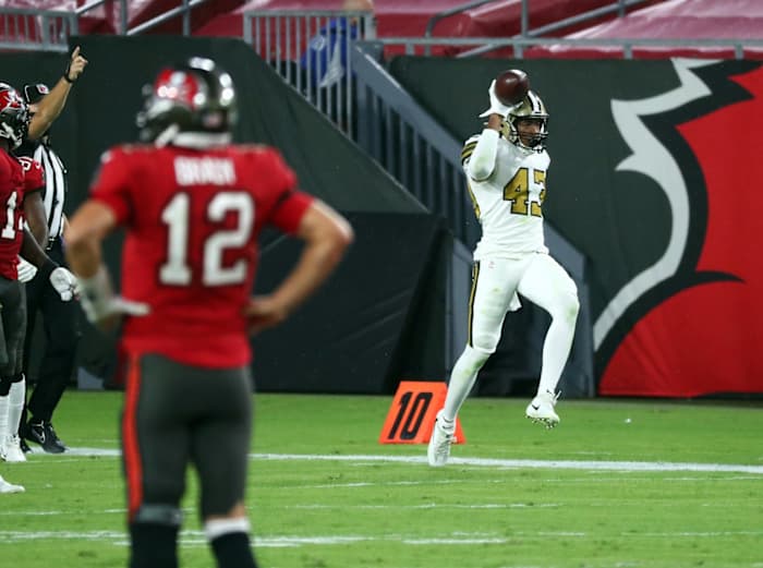 Nov 8, 2020; Tampa, Florida, USA; New Orleans Saints free safety Marcus Williams (43) celebrates as he intercepted the ball against the Tampa Bay Buccaneers during the first half at Raymond James Stadium. Mandatory Credit: Kim Klement-USA TODAY Sports