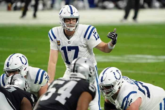Indianapolis Colts quarterback Philip Rivers calls a player in motion during a December game at Las Vegas.