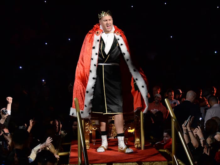 Tyson Fury enters the ring for his WBC heavyweight title bout against Deontay Wilder at MGM Grand Garden Arena.