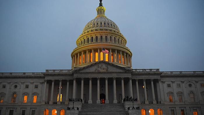 The U.S. Capitol is seen at dusk