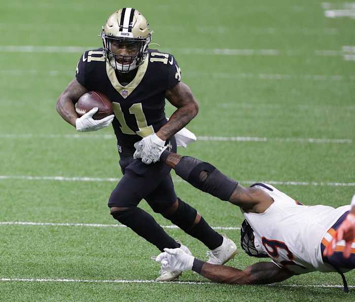 Jan 10, 2021; New Orleans, Louisiana, USA; New Orleans wide receiver Deonte Harris (11) runs the ball against Chicago in the NFC Wild Card game at Mercedes-Benz Superdome. Mandatory Credit: Derick E. Hingle-USA TODAY