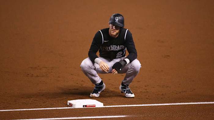 Rockies shortstop Trevor Story reacts after getting picked off at first base against the Diamondbacks at Chase Field.