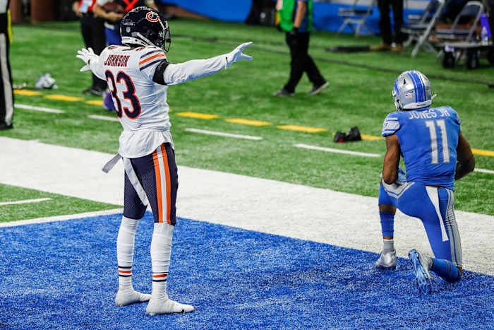 Chicago Bears cornerback Jaylon Johnson celebrates an incomplete pass intended for Detroit Lions receiver Marvin Jones on the final play of the Lions' 27-23 loss at Ford Field, Sunday, Sept. 13, 2020.
