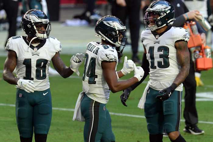 Eagles WRS (left to right) Jalen Reagor, Greg Ward, and Travis Fulgham