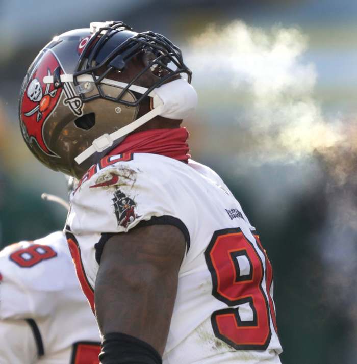 Jason Pierre-Paul celebrates during a game in Green Bay