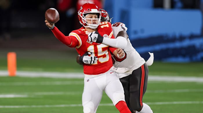 Patrick Mahomes is tackled in Super Bowl LV.