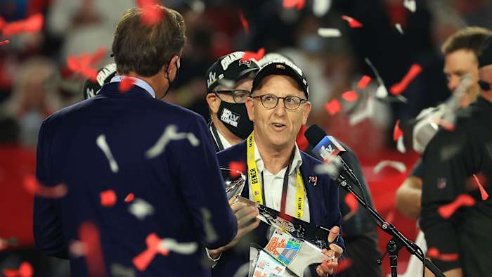Joel Glazer with the Super Bowl trophy