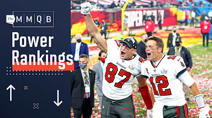 Tom Brady and Rob Gronkowski celebrate the Buccaneers' Super Bowl LV win.