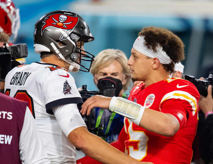 Feb 7, 2021; Tampa, FL, USA; Tampa Bay Buccaneers quarterback Tom Brady (left) greets Kansas City Chiefs quarterback Patrick Mahomes following Super Bowl LV at Raymond James Stadium. Mandatory Credit: Mark J. Rebilas-USA TODAY Sports
