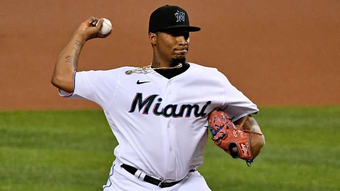 Marlins pitcher Sixto Sánchez throws against the Nationals at Marlins Park.