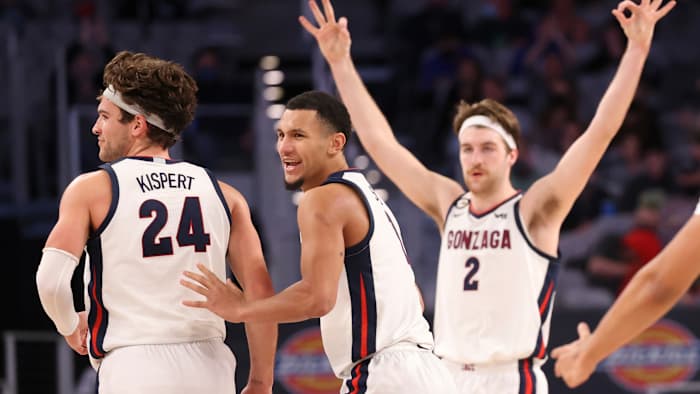 Gonzaga players celebrate during a win over Virginia on Dec. 26.