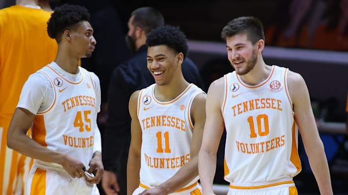 Jaden Springer and John Fulkerson share a laugh in Tennessee's win over Georgia.