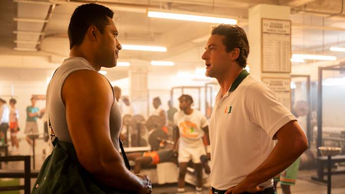 Production still of Ed Orgeron on NBC's "Young Rock"