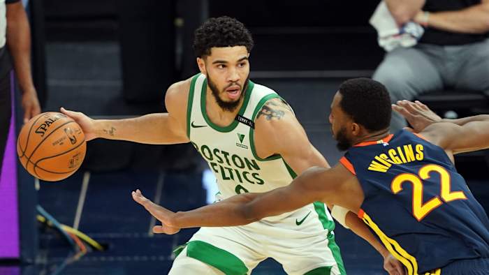 Celtics’ Jayson Tatum on Warriors’ Andrew Wiggins