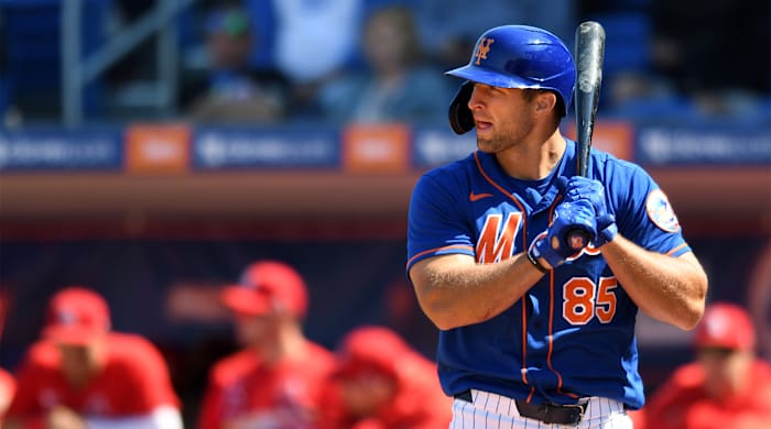 Feb 28, 2020; Port St. Lucie, Florida, USA; New York Mets outfielder Tim Tebow stands at the plate in the second inning against the St. Louis Cardinals at Clover Park.