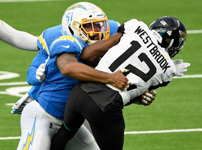 Los Angeles Chargers linebacker Emeke Egbule (51) and outside linebacker Nick Vigil (59) during the second half at SoFi Stadium.