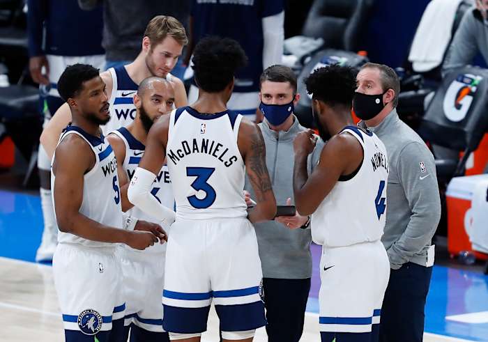 Feb 6, 2021; Oklahoma City, Oklahoma, USA; Minnesota Timberwolves head coach Ryan Saunders (middle, facing camera) talks to his team during a time out against the Oklahoma City Thunder in the second half at Chesapeake Energy Arena. Oklahoma City won 120-118. Mandatory Credit: Alonzo Adams-USA TODAY Sports