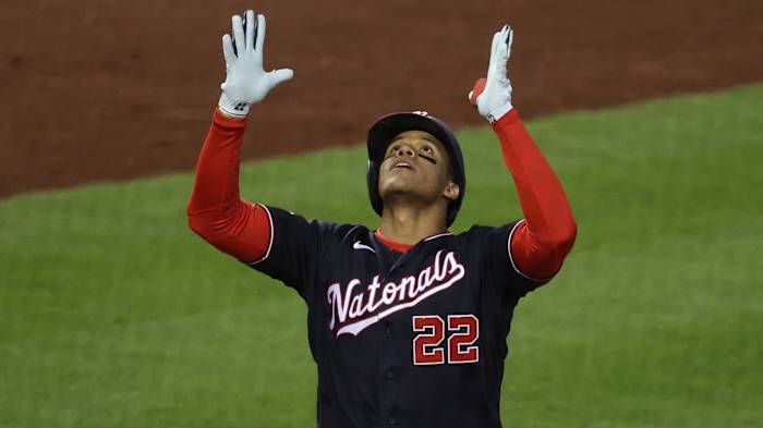Nationals outfielder Juan Soto celebrates after homering against the Phillies on Sept. 22, 2020.